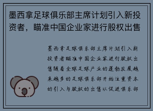 墨西拿足球俱乐部主席计划引入新投资者，瞄准中国企业家进行股权出售