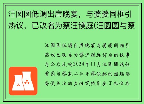 汪圆圆低调出席晚宴，与婆婆同框引热议，已改名为蔡汪镁庭(汪圆圆与蔡加赞)